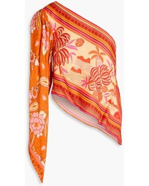 FARM Rio One-Shoulder Asymmetric Printed Satin-Twill Top - Orange