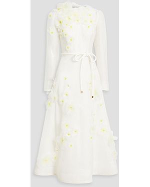 Zimmermann Floral-appliquéd Silk And Linen-blend Organza Midi Dress - White