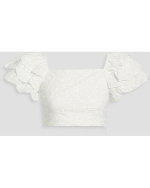 Caroline Constas Cropped Ruffled Broderie Anglaise Cotton Top - White