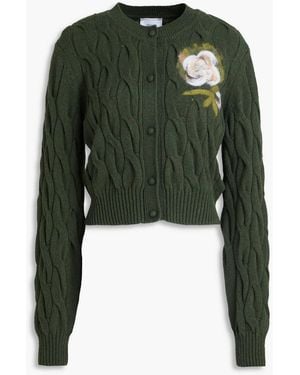 Erdem Floral-Print Cable-Knit Wool-Blend Cardigan - Green