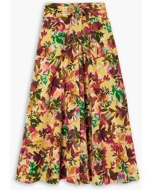 Saloni Neesha Belted Floral-Print Cotton Midi Skirt - White