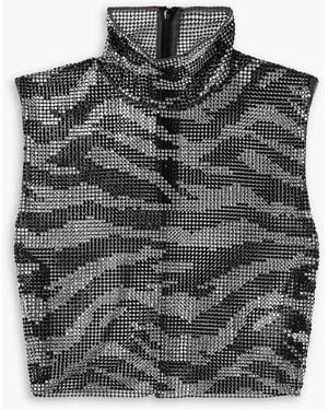 Alessandra Rich Cropped Crystal-embellished Mesh Turtleneck Top - Gray