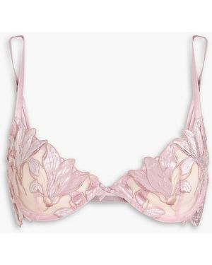 Fleur du Mal Lily Velvet-Trimmed Embroidered Tulle And Stretch-Silk Satin Underwired Soft-Cup Bra - Pink