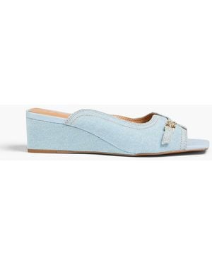 Ganni Embellished Denim Wedge Mules - Blue