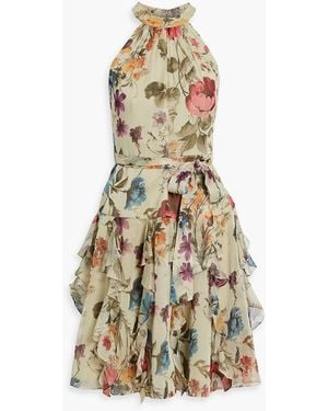Mikael Aghal Ruffled Floral-Print Chiffon Dress - White