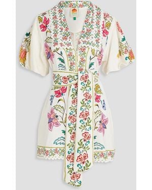 FARM Rio Belted Floral-Print Linen-Blend Playsuit - White