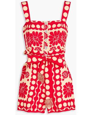 FARM Rio Printed Linen-Blend Playsuit - Red
