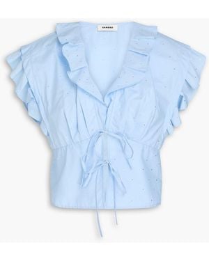 Sandro Cropped Crystal-Embellished Cotton-Poplin Top - Blue