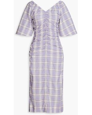 Ganni Seersucker Check V-neck Midi-dress - Purple