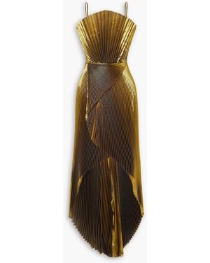 SemSem Draped Silk-blend Plissé-lamé Gown - Natural