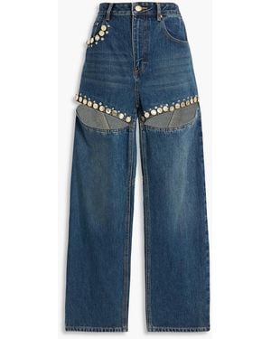 Area Cutout Embellished High-Rise Wide-Leg Jeans - Blue