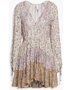 Tigerlily Patchwork-effect Gathered Floral-print Woven Mini Dress - Brown