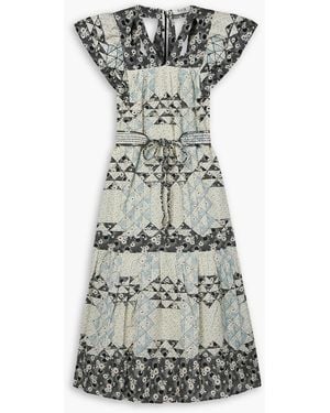 Sea Clemence Belted Cutout Patchwork Cotton-voile Midi Dress - Grey