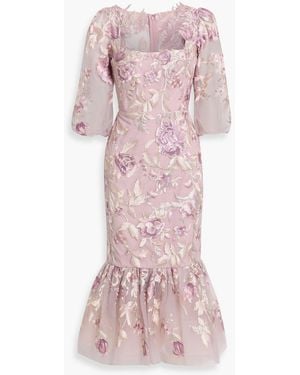 Marchesa Embroidered Tulle Midi Dress - Pink