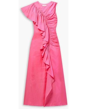 Ulla Johnson Lali Ruched Ruffled Metallic Chiffon Gown - Pink
