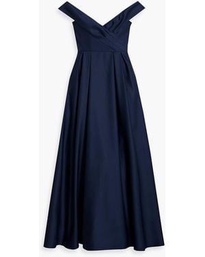 Marchesa Pleated Duchesse-satin Gown - Blue