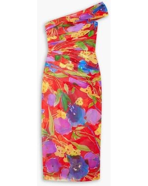 Carolina Herrera One-shoulder Gathe Floral-print Silk-chiffon Midi Dress - Red