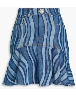 Area Fluted Printed Denim Mini Skirt - Blue
