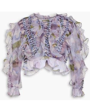 Zimmermann Cropped Ruffled Printed Silk-organza Top - White