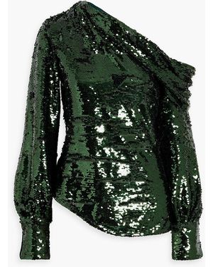 Jonathan Simkhai Alice One-shoulder Draped Sequined Tulle Top - Green