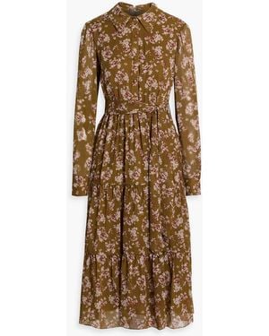 Mikael Aghal Tiered Floral-Print Georgette Midi Shirt Dress - Natural