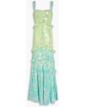 Saloni Chandra Ruffled Fil Coupé Silk-Blend Maxi Dress - Green