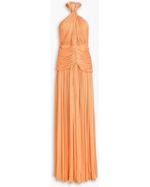Costarellos Mariya Ruched Pleated Georgette Halterneck Gown - Orange