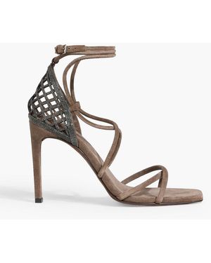 Brunello Cucinelli Bead-Embellished Suede Sandals - Natural