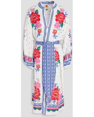 FARM Rio Belted Floral-print Linen-blend Kaftan - White