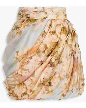 Zimmermann Draped Floral-print Linen And Silk-blend Gauze Mini Skirt - Natural