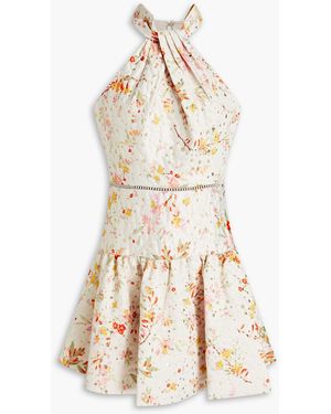 ML Monique Lhuillier Floral-print Metallic Fil Coupé Satin-twill Mini Dress - Natural