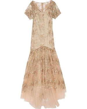 Mikael Aghal Fluted Floral Embroidered Tulle Gown - Natural