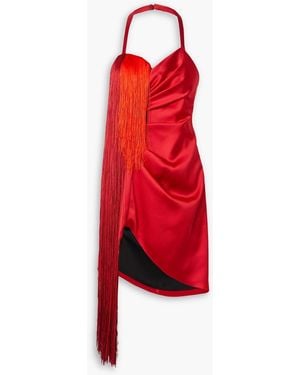 Halpern Draped Fringed Duchesse-satin Halterneck Mini Dress - Red