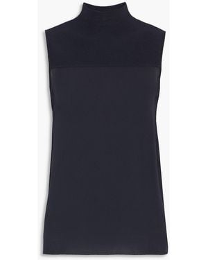 Theory Ribbed Knit-paneled Silk Crepe De Chine Top - Blue