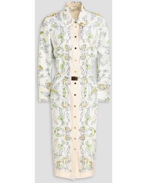 Tory Burch Belted Printed Silk-Twill Midi Shirt Dress - White