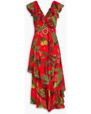 FARM Rio Belted Ruffled Printed Crepe Midi Dress - Red