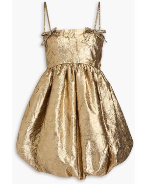 Ganni Bow-Detailed Gathered Lamé Mini Dress - Natural