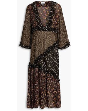 Ganni Patchwork-Effect Printed Chiffon Midi Dress - Brown