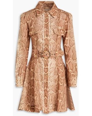 Zimmermann Belted Snake-print Linen Mini Shirt Dress - Brown