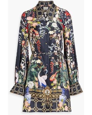 CAMILLA Crystal-Embellished Printed Silk-Twill Mini Shirt Dress - Blue