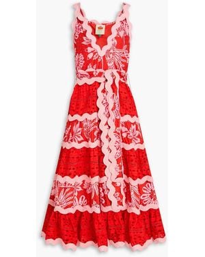 FARM Rio Tie Swiss Dot-paneled Broderie Anglaise Cotton Midi Dress - Red