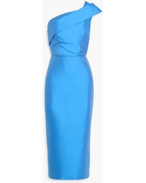Monique Lhuillier One-Shoulder Draped Faille Midi Dress - Blue