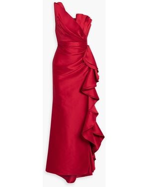 Badgley Mischka Strapless Ruffled Mikado Gown - Red