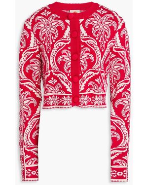 FARM Rio Cropped Jacquard-knit Cardigan - Red