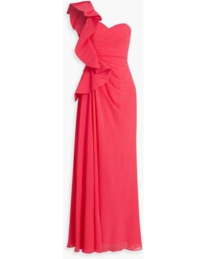 Badgley Mischka One-shoulder Ruffled Chiffon Gown - Red