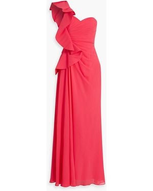 Badgley Mischka One-shoulder Ruffled Chiffon Gown - Red