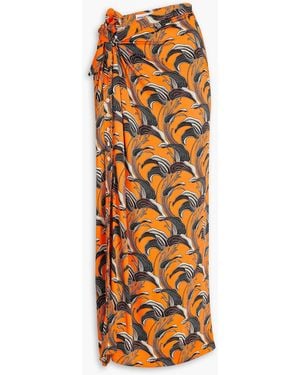 Rabanne Ruched Printed Jersey Maxi Skirt - Orange