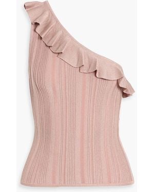 Zimmermann One-Shoulder Ruffled Metallic Ribbed-Knit Top - Pink