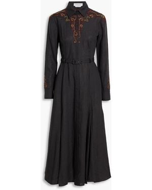 Gabriela Hearst Aloe Embroidered Pleated Linen Midi Shirt Dress - Black