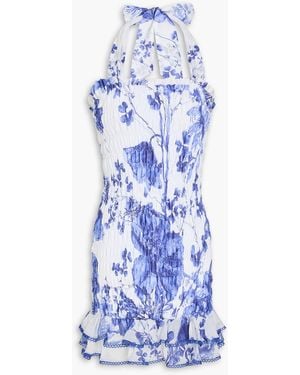 Charo Ruiz Lexy Ruffled Floral-Print Cotton-Blend Voile Halterneck Mini Dress - Blue